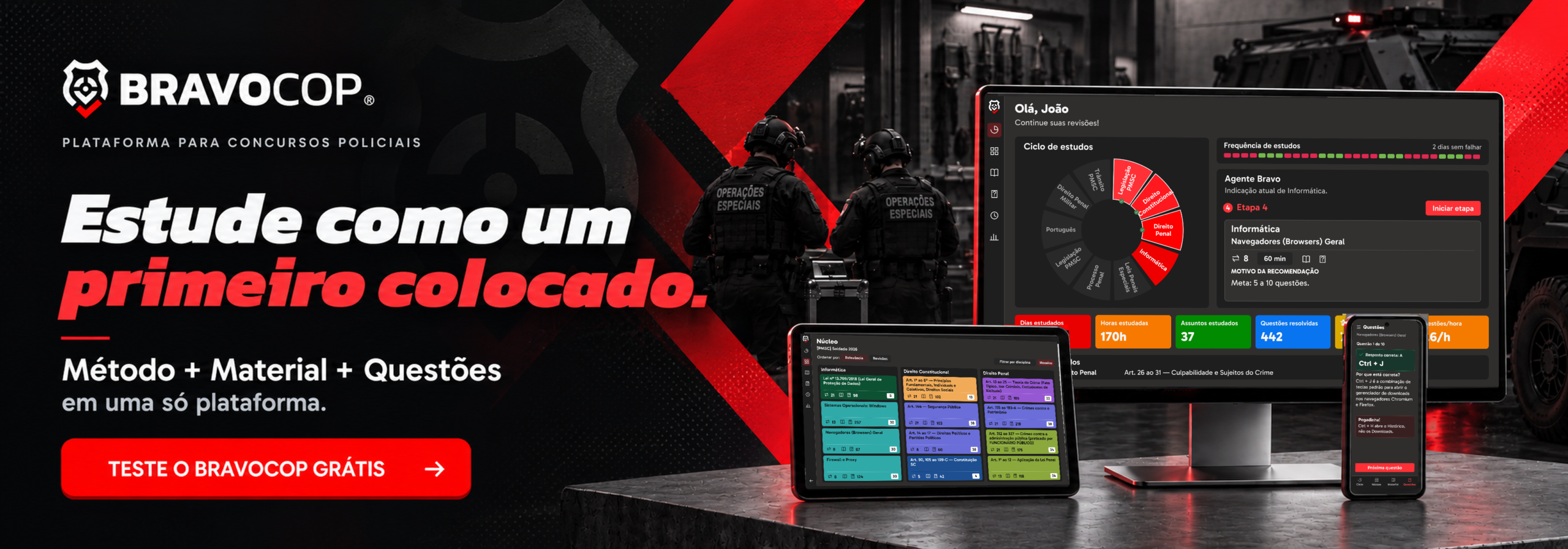 Teste o BravoCop grátis — método, material e questões para concursos policiais. Acesse a bio geral do Projeto Bravo para escolher sua preparação