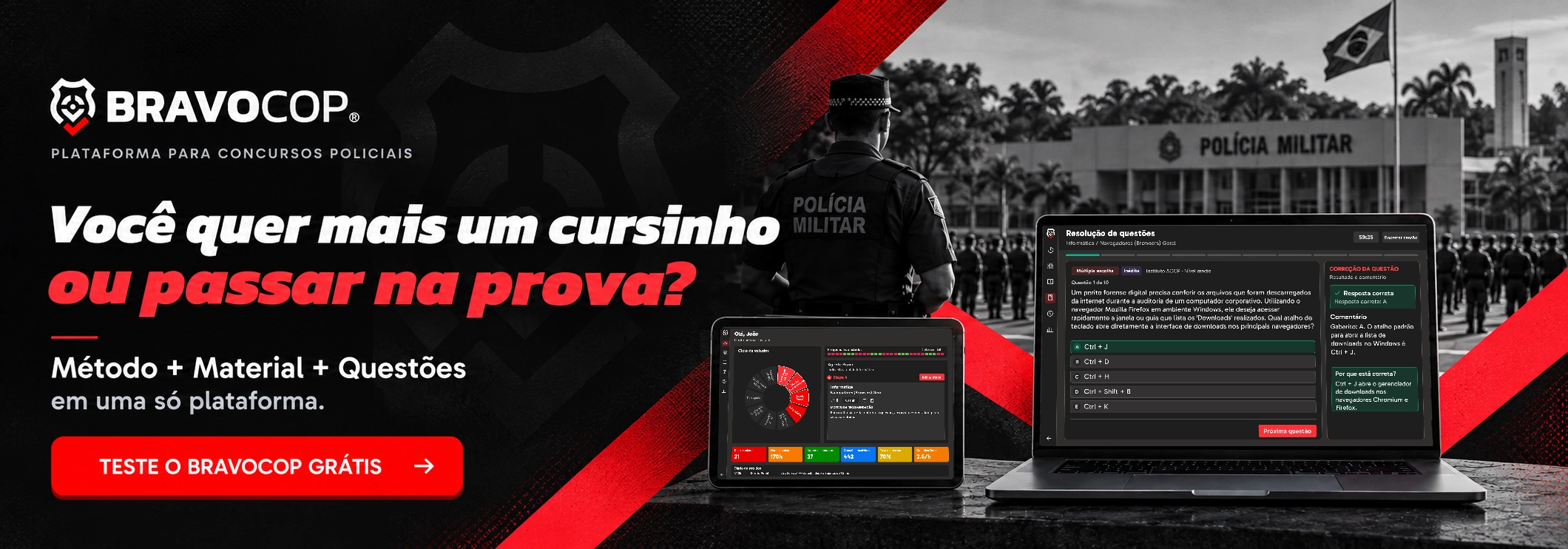 Teste o BravoCop grátis — método, material e questões para concursos policiais