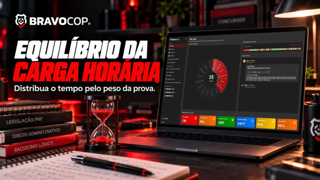 Ciclo de estudos do BravoCop em um notebook, ao lado de uma ampulheta vermelha, na capa Equilíbrio da Carga Horária.