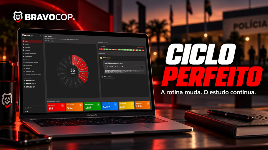 Notebook com ciclo de estudos do BravoCop e ambiente de academia policial ao fundo, na capa Ciclo Perfeito.