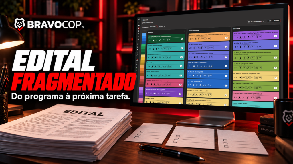 Edital impresso, fichas de tarefas e monitor com o Núcleo do BravoCop, na capa Edital Fragmentado.