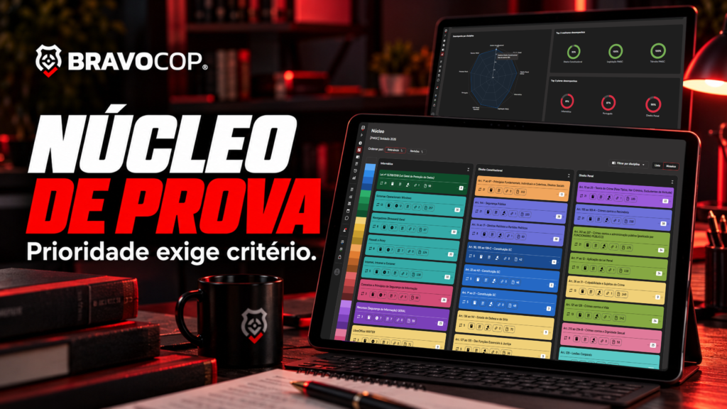 Núcleo do BravoCop em primeiro plano e painel de desempenho ao fundo, na capa Núcleo de Prova.