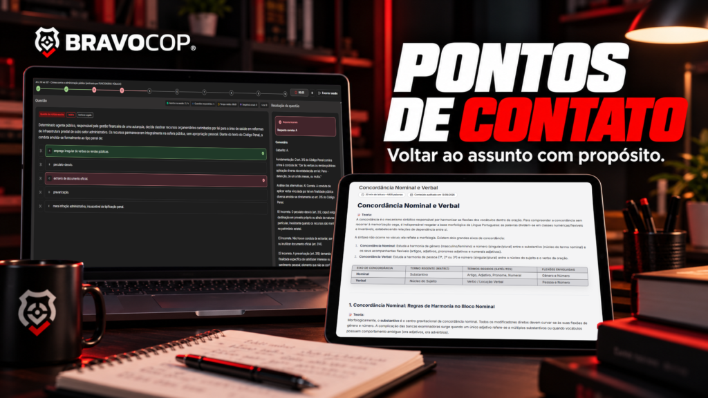 Notebook com questões comentadas e tablet com material de estudo, na capa Pontos de Contato.