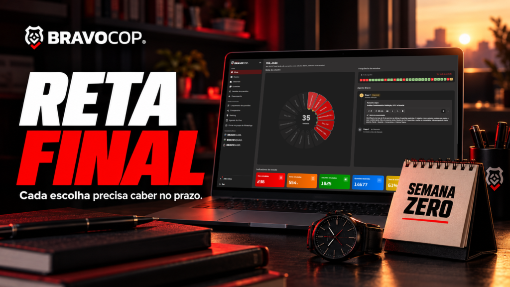 Notebook com ciclo do BravoCop, relógio e calendário Semana Zero, na capa Reta Final.