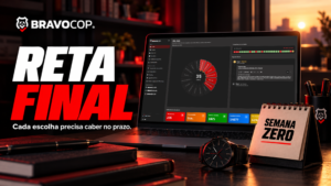 Notebook com ciclo do BravoCop, relógio e calendário Semana Zero, na capa Reta Final.