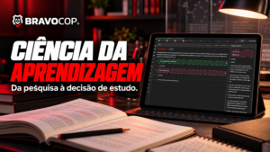 Livros e tablet com questões comentadas do BravoCop, na capa Ciência da Aprendizagem.