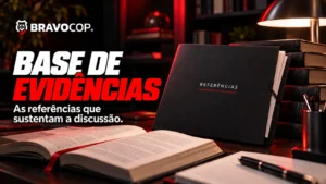 Pasta de referências, livros e marcador vermelho, na capa Base de Evidências.
