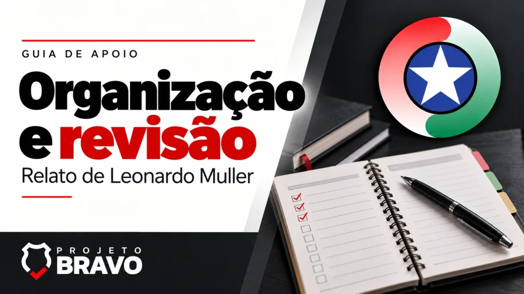 Capa sobre organização e revisão para PMSC Soldado, com agenda aberta com checklist, livros neutros e caneta, símbolo da PMSC e marca Projeto Bravo.