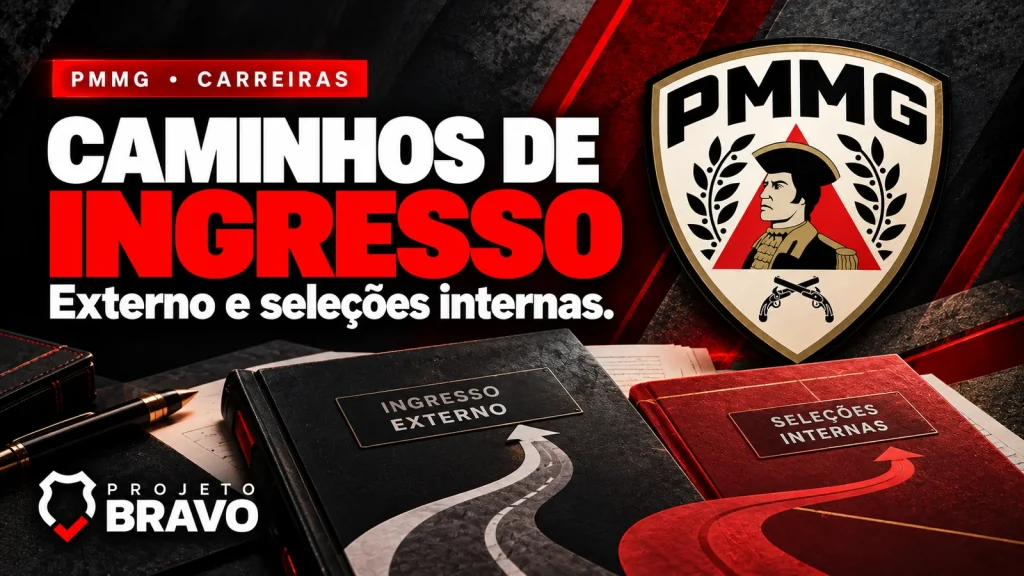 Capa editorial sobre PMMG: ingresso externo e seleções internas, com símbolo da PMMG.