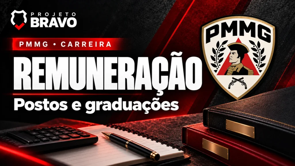 Capa editorial sobre Salário da PMMG: vencimento por posto e graduação, com símbolo da PMMG.