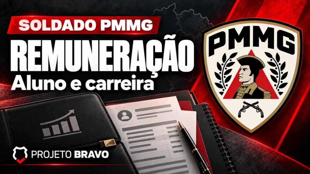 Capa editorial sobre Salário de Soldado PMMG: aluno, 1ª classe e benefícios, com símbolo da PMMG.