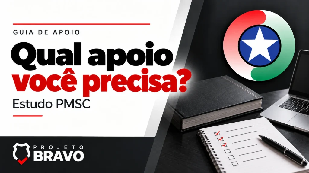 Capa qual apoio você precisa?, com livro e notebook equilibrados lado a lado, lista de necessidades, símbolo da PMSC e marca Projeto Bravo.