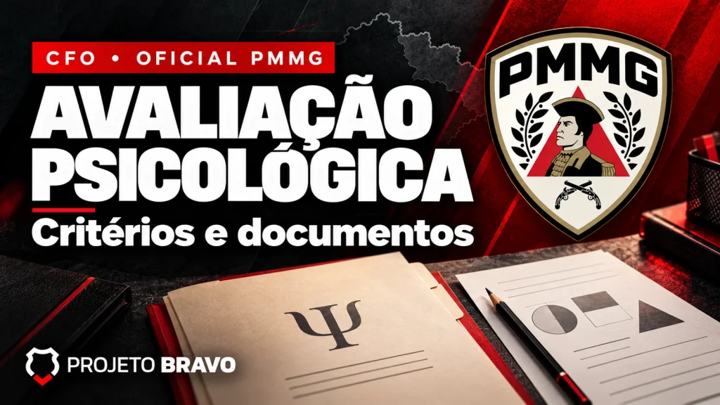 Capa editorial sobre Avaliação psicológica CFO PMMG: resultado e acesso, com símbolo da PMMG.