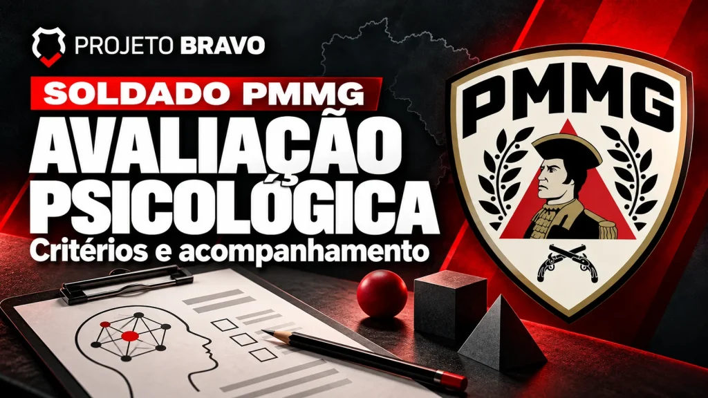 Capa editorial sobre Avaliação psicológica de Soldado PMMG: processo e acompanhamento, com símbolo da PMMG.