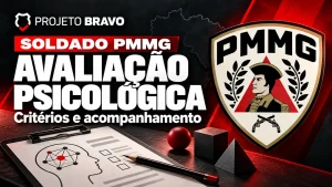 Capa editorial sobre Avaliação psicológica de Soldado PMMG: processo e acompanhamento, com símbolo da PMMG.