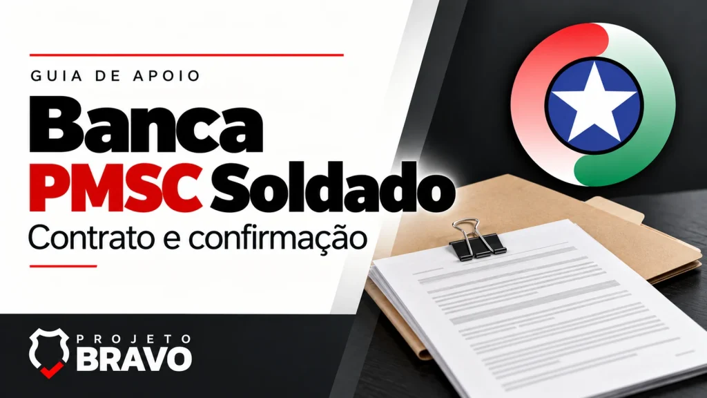 Capa sobre a banca do concurso PMSC Soldado, com pasta de contrato e documento com clipe, símbolo da PMSC e marca Projeto Bravo.