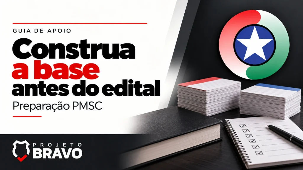 Capa sobre construa a base antes do edital para PMSC Soldado, com duas pilhas de fichas, livro neutro e caderno de checklist, símbolo da PMSC e marca Projeto Bravo.