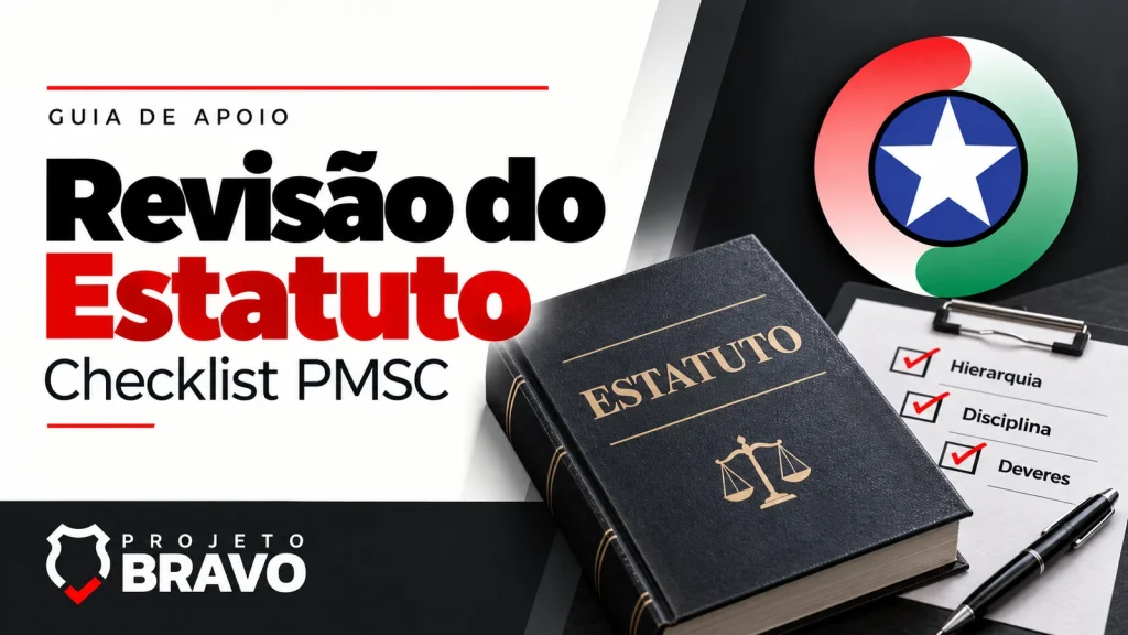 Capa revisão do estatuto, com livro legal e checklist de hierarquia, disciplina e deveres, símbolo da PMSC e marca Projeto Bravo.