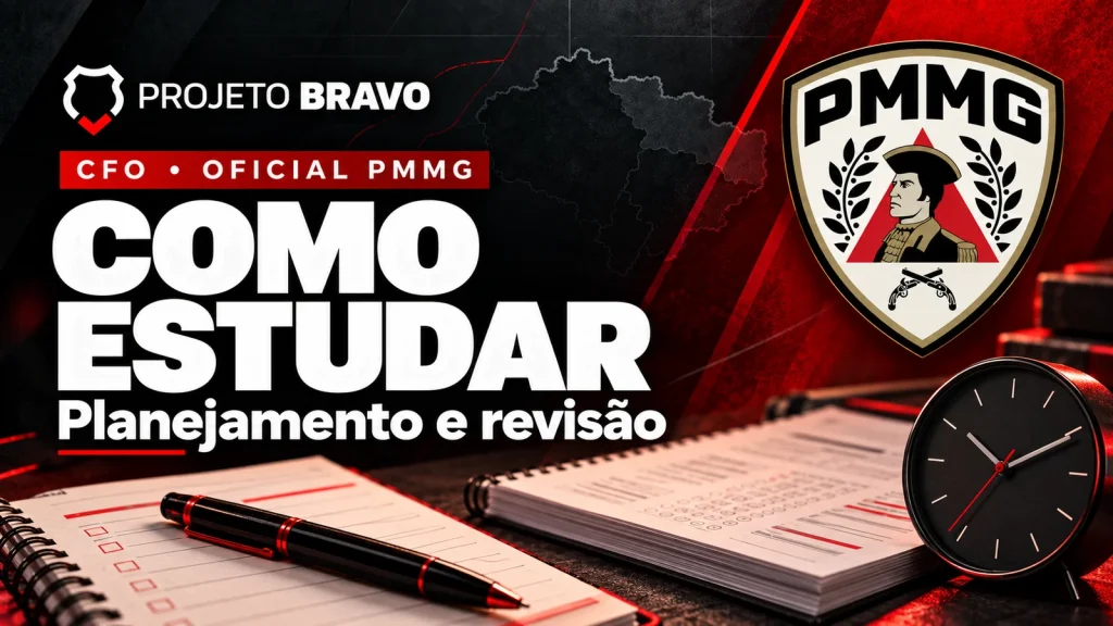 Capa editorial sobre Como estudar para CFO PMMG: ciclo e provas, com símbolo da PMMG.