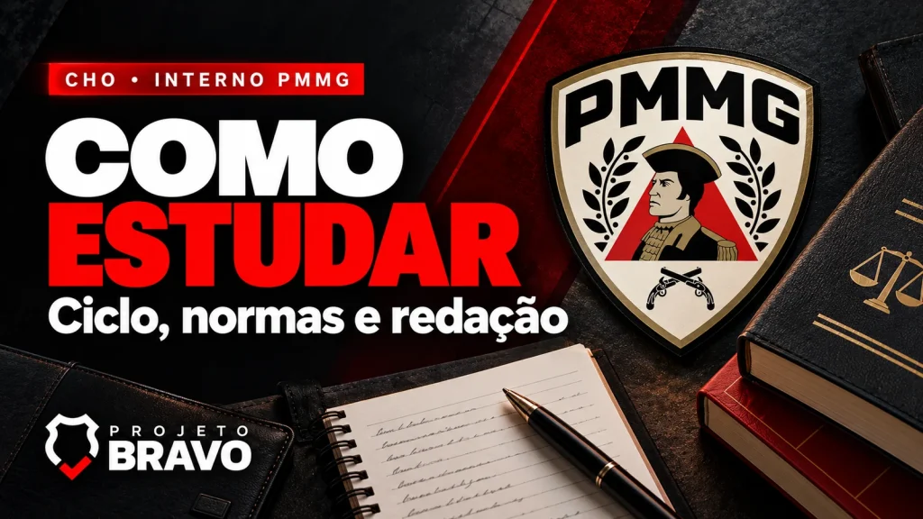 Capa editorial sobre Como estudar para o CHO PMMG: ciclo, normas e redação, com símbolo da PMMG.