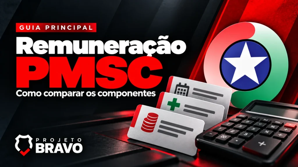 Capa remuneração pmsc, com três cartões de componentes remuneratórios e calculadora, símbolo da PMSC e marca Projeto Bravo.