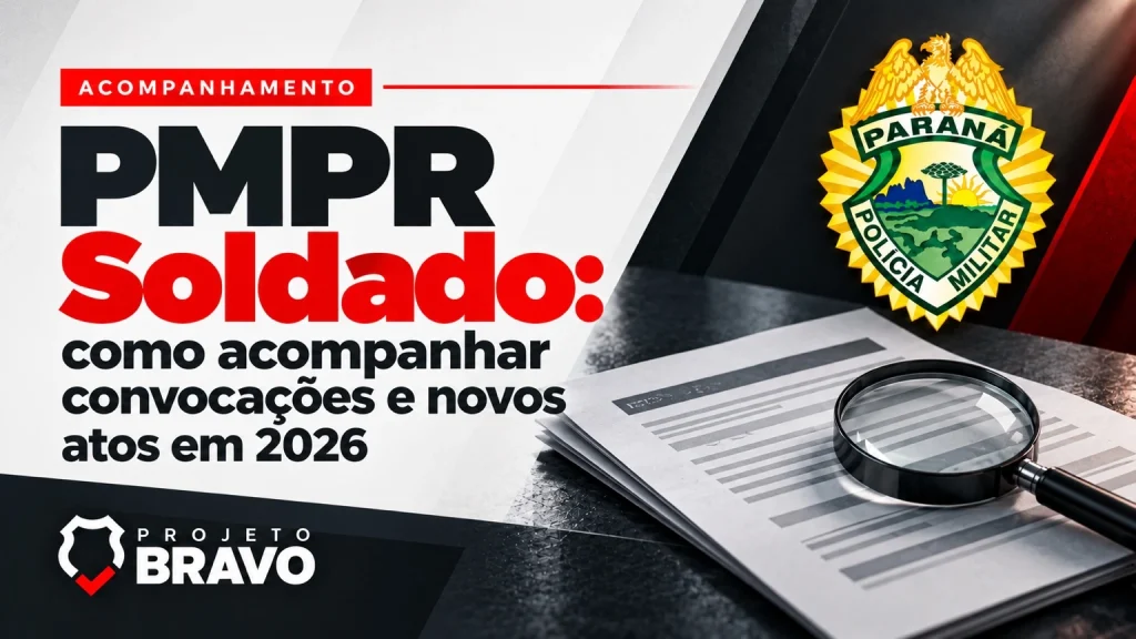 Acompanhamento de convocações PMPR Soldado em 2026, com boletim e lupa.