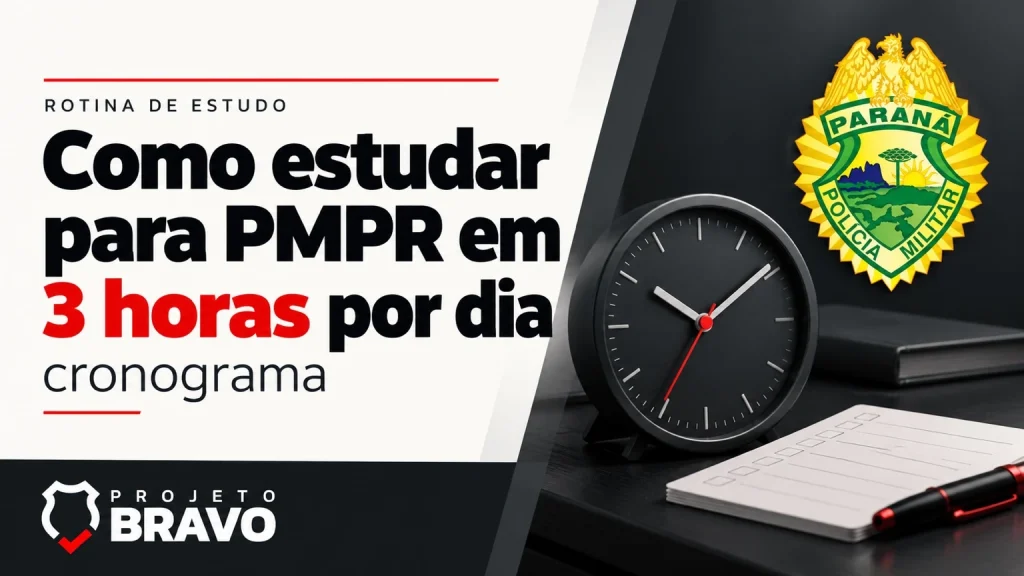 Cronograma PMPR de três horas por dia, com relógio e checklist de estudos.
