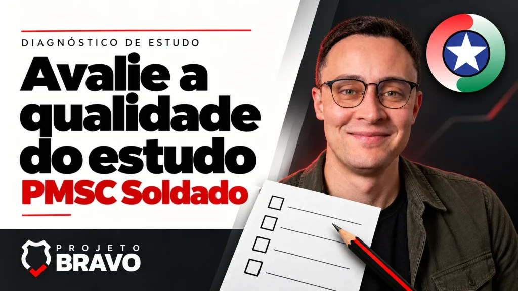 João Lisboa ao lado de um checklist e lápis, em capa sobre diagnóstico da qualidade do estudo para PMSC, com símbolo da corporação e marca Projeto Bravo.