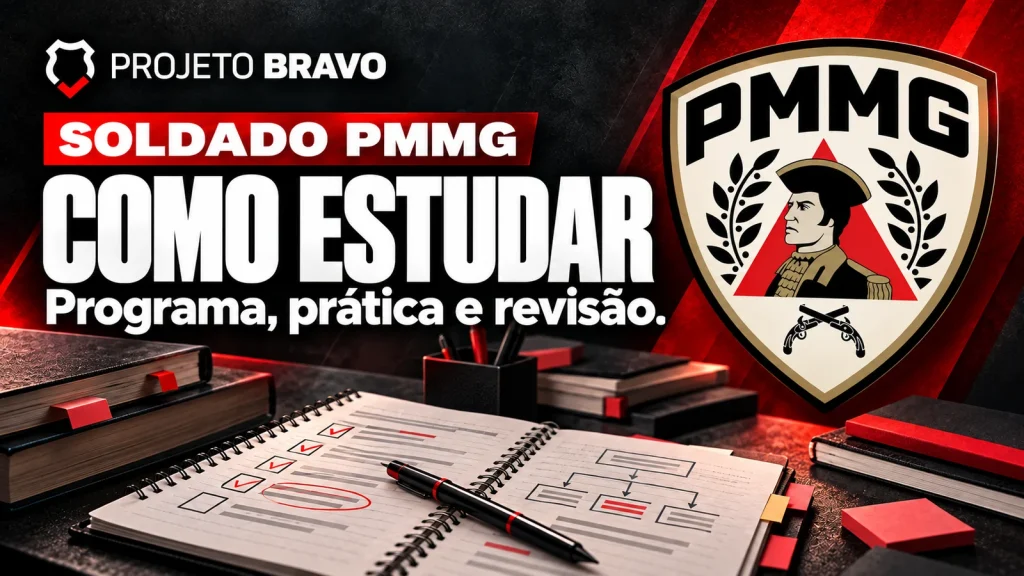 Capa editorial sobre Como estudar para Soldado PMMG com um programa de referência, com símbolo da PMMG.