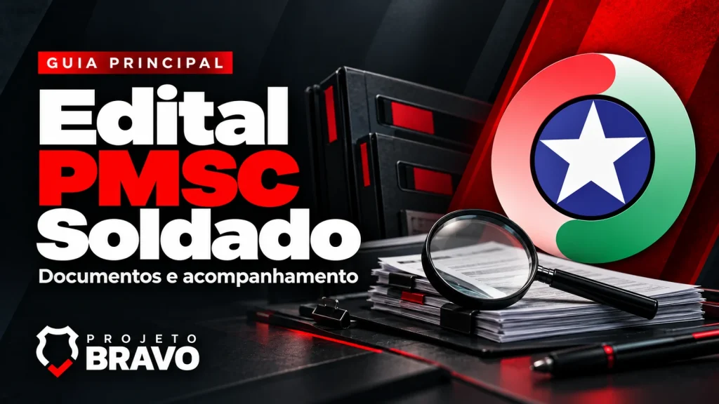 Capa do edital PMSC Soldado, com pasta preta de documentos e lupa, símbolo da PMSC e marca Projeto Bravo.