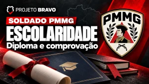 Capa editorial sobre Escolaridade para Soldado PMMG: nível superior e curso sequencial, com símbolo da PMMG.