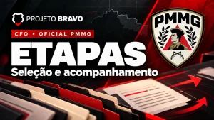 Capa editorial sobre Etapas CFO PMMG: cinco fases e matrícula, com símbolo da PMMG.