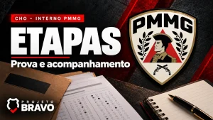 Capa editorial sobre Etapas do CHO PMMG: provas, AFM e matrícula, com símbolo da PMMG.