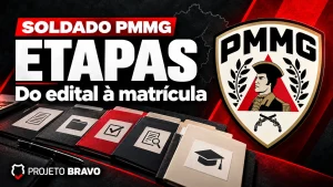 Capa editorial sobre Etapas de Soldado PMMG: da objetiva ao ingresso, com símbolo da PMMG.