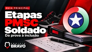 Capa sobre etapas pmsc soldado para PMSC Soldado, com folha de respostas, tênis de corrida e pasta de documentos, símbolo da PMSC e marca Projeto Bravo.