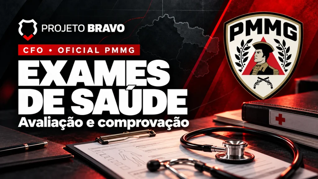 Capa editorial sobre Exames de saúde CFO PMMG: grupos e documentos, com símbolo da PMMG.
