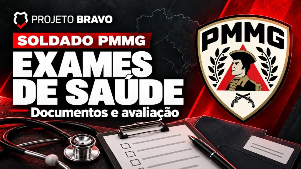 Capa editorial sobre Exames de saúde de Soldado PMMG: documentos e avaliações, com símbolo da PMMG.