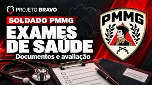 Capa editorial sobre Exames de saúde de Soldado PMMG: documentos e avaliações, com símbolo da PMMG.
