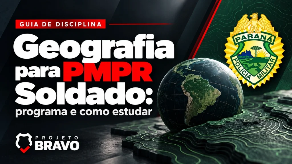 Geografia para PMPR Soldado, com globo, curvas de nível e brasão.