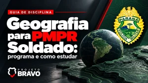 Geografia para PMPR Soldado, com globo, curvas de nível e brasão.
