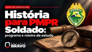 História para PMPR Soldado, com livro, documentos de arquivo, bússola e brasão.