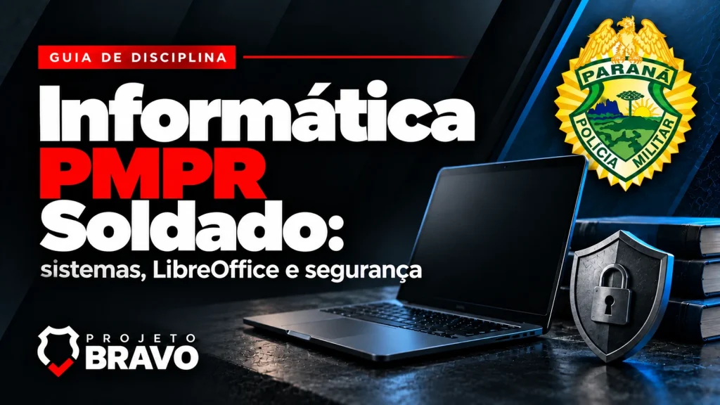 Informática PMPR Soldado, com notebook, escudo de segurança e brasão.