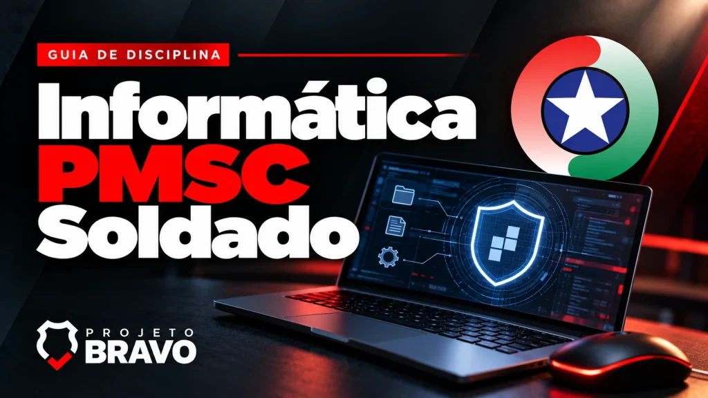 Capa informática, com notebook com interface abstrata e escudo digital, mouse, símbolo da PMSC e marca Projeto Bravo.