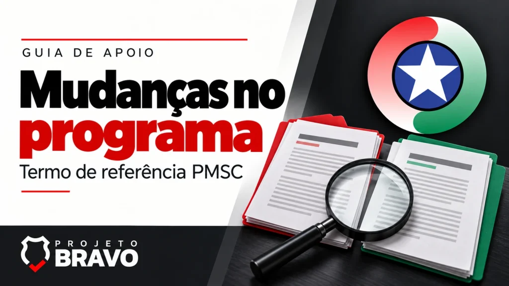 Capa mudanças no programa, com dois documentos comparados com abas e lupa, símbolo da PMSC e marca Projeto Bravo.