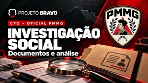 Capa editorial sobre Investigação social CFO PMMG: idoneidade e documentos, com símbolo da PMMG.
