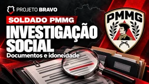 Capa editorial sobre Investigação social de Soldado PMMG: idoneidade e documentos, com símbolo da PMMG.