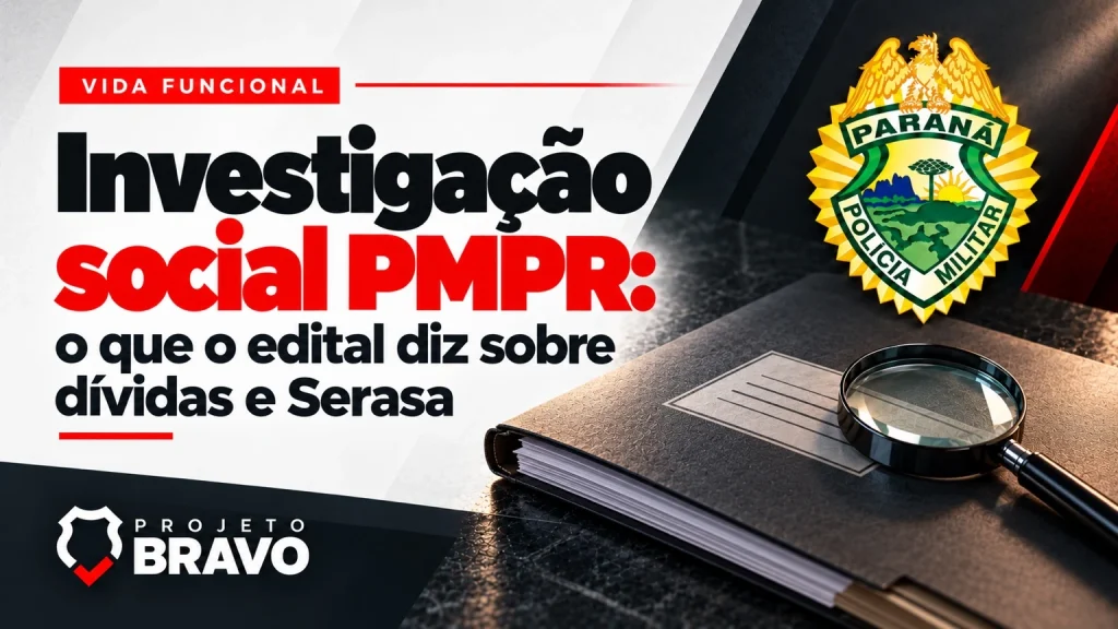 Investigação social PMPR, com pasta de documentos e lupa.