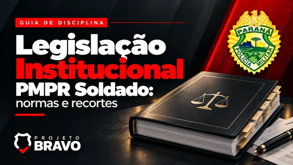 Legislação Institucional da PMPR Soldado, com manual de normas, marcadores e brasão.