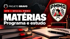 Capa editorial sobre Matérias do CFO PMMG: programa e pesos, com símbolo da PMMG.