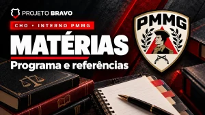 Capa editorial sobre Matérias do CHO PMMG: programa e pesos, com símbolo da PMMG.